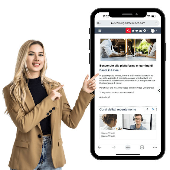 Mujer aprendiendo italiano online con dante in linea
